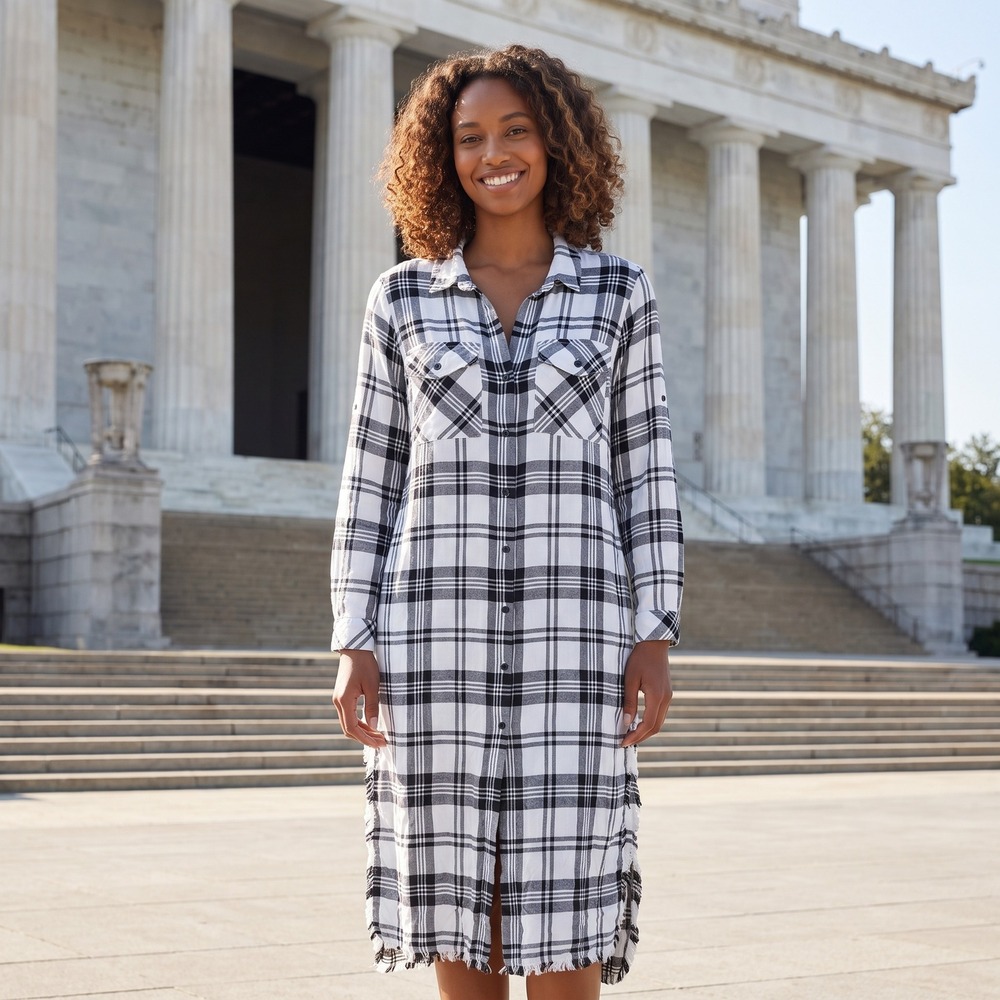 Cloth & Stone Anthropologie Flannel Shirt Dress Women L Black White Plaid Boho